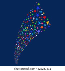 Pyrotechnic Star Salute Stream vector image. Style is bright multicolored flat stars, blue background.