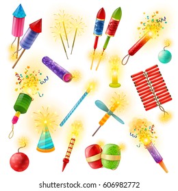 Pyrotechnics commercial firework crackers firecrackers indian bengal lights and sparklers for special events colorful collection vector illustration 