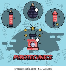 Pyrotechnics festival flat icons set