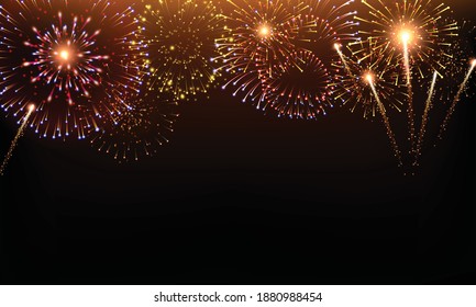 Pyrotechnics and fireworks background with animation on black background realistic vector illustration