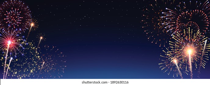 Banner de pirotecnia y fuegos artificiales con símbolos de celebración de vacaciones ilustración vectorial realista