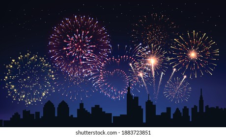 Pyrotechnics and fireworks in city background with city sky realistic vector illustration