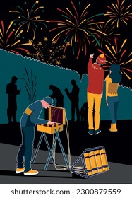 Pyrotechnics fireworks launch flat collage composition man controls the special device that sets off fireworks that the couple looks at vector illustration