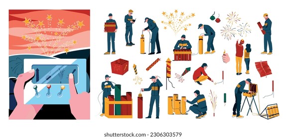 Pyrotechnics fireworks launch flat composition set with men in uniforms fuses boxes of explosives vector illustration