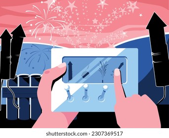 Pyrotechnics fireworks launch flat concept a man controls the remote control to launch fireworks vector illustration