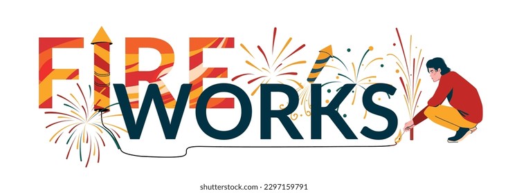 Pyrotechnics fireworks launch flat text composition man sets fire to napalm that sets letters on fire vector illustration