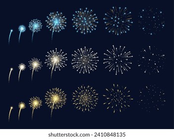 Pyrotechnics and fireworks realistic animation with glitter and lights at night sky. Vector festivity and holiday celebration, sparkling glowing effect for party or festive event. Festival shining