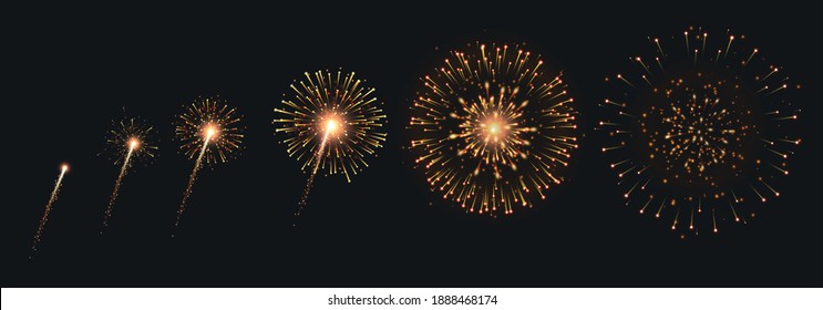 Pyrotechnics and fireworks set with animation on black background realistic isolated vector illustration