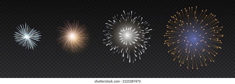 Pyrotechnics And Fireworks Set With Animation On Black Background Realistic Isolated Vector Illustration