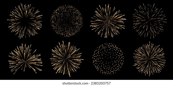 Pyrotechnics and fireworks set with animation on black background realistic isolated vector illustration