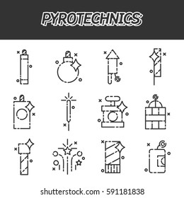 Pyrotechnics flat icons set