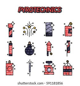 Pyrotechnics flat icons set