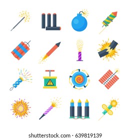 Pyrotechnics Vector Set Of Icons In A Flat Style. Festival Petards, Fireworks, Crackers, Sparklers On A White Background. Holiday Pyrotechnic Explosions And Claps. 