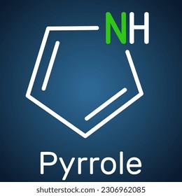 Molécula de pirrol. Es compuesto aromático heterocíclico, producto natural, encontrado en Coffea arabica. Fórmula química estructural en el fondo azul oscuro. Ilustración del vector