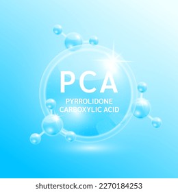 Pyrrolidone carboxylic acid. Amino acids are natural moisturizers. Collagen serum and hyaluronic acid skincare. For beauty cosmetic with chemical formula. Medical scientific concept. 3D Vector.