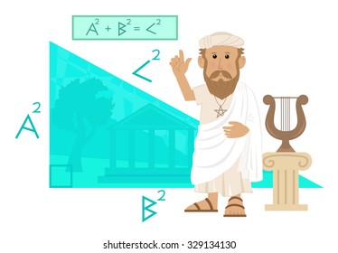 Pythagoras - Cute cartoon of Pythagoras pointing at his formula and a big right angled triangle with Greece landscape in the background. Eps10