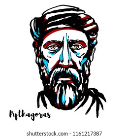 Pythagoras engraved vector portrait with ink contours. Ionian Greek philosopher and the eponymous founder of the Pythagoreanism movement.