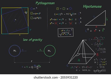 Pythagoras and hypotenuse and law of gravity theory formulas and geometric drawings vector