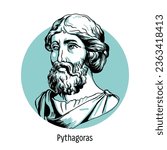 Pythagoras of Samos was an ancient Greek philosopher, mathematician, music theorist and mystic. Hand-drawn vector illustration.