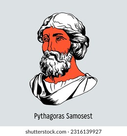 Pythagoras of Samos was an ancient Greek philosopher, mathematician, music theorist and mystic, the creator of the Pythagorean religious-philosophical school. Hand-drawn vector illustration.