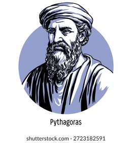 Pitágoras de Samos fue un filósofo, matemático, teórico de la música y místico griego, fundador de la escuela de pensamiento pitagórica. Ilustración vectorial dibujada a mano