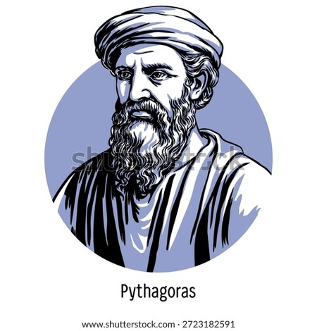 Pythagoras of Samos was an ancient Greek philosopher, mathematician, music theorist, and mystic, the founder of the Pythagorean school of thought. Hand-drawn vector illustration