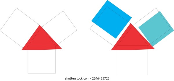 Teorema pitagórico con cuadrados transparentes y triángulos rojos. Teorema pitagórico. Relación de los lados de un triángulo recto. Ilustración. Vector.