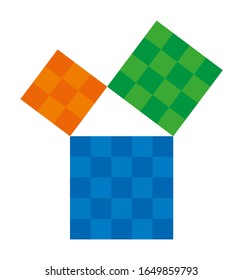 Pythagorean theorem shown with colorful squares. Pythagoras theorem. Relation of sides of a right triangle. The two smaller squares together have the same area than the big one. Illustration. Vector.