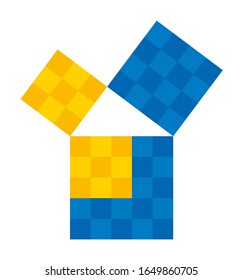 Pythagorean theorem shown with subdivided colored squares. Pythagoras theorem. Relation of the sides of a right triangle. The two smaller squares together have the same area than the big one. Vector.