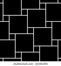 Pythagorean tiling. Seamless surface pattern design with flooring ornament. Squares tessellation vector. Repeated black checks on white background. Mosaic motif. Parquet wallpaper. Digital paper art.