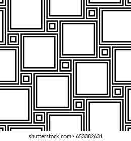 Pythagorean tiling. Seamless surface pattern design with flooring ornament. Squares tessellation vector. Repeated black hollow checks on white background. Mosaic motif. Parquet wallpaper. Digital art.