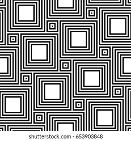 Pythagorean tiling. Seamless surface pattern design with flooring ornament. Squares tessellation vector. Repeated black hollow checks on white background. Mosaic motif. Parquet wallpaper. Digital art.