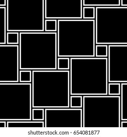 Pythagorean tiling. Seamless surface pattern design with flooring ornament. Squares tessellation vector. Repeated white hollow checks on black background. Mosaic motif. Parquet wallpaper. Digital art.