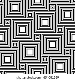 Pythagorean tiling. Seamless surface pattern design with flooring ornament. Squares tessellation vector. Repeated black hollow checks on white background. Mosaic motif. Parquet wallpaper. Digital art.