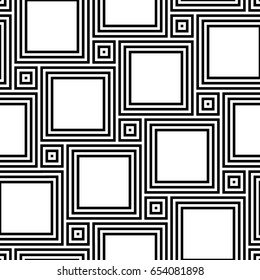 Pythagorean tiling. Seamless surface pattern design with flooring ornament. Squares tessellation vector. Repeated black hollow checks on white background. Mosaic motif. Parquet wallpaper. Digital art.