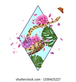 python and butterfly with rhomb frame. dahlia flowers with monstera leaves. Print for t-shir.
