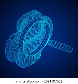Python code language sign with magnifying glass. Programming coding and developing concept. Wireframe low poly mesh vector illustration