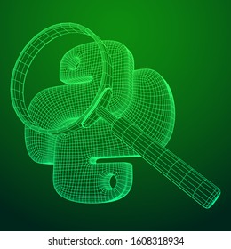 Python code language sign with magnifying glass. Programming coding and developing concept. Wireframe low poly mesh vector illustration