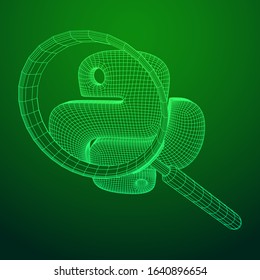 Python code language sign with magnifying glass. Programming coding and developing concept. Wireframe low poly mesh vector illustration