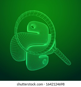 Python code language sign with magnifying glass. Programming coding and developing concept. Wireframe low poly mesh vector illustration