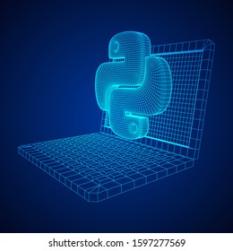 Python code language sign with notebook laptop device. Programming coding and developing concept. Wireframe low poly mesh vector illustration
