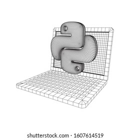 Python code language sign with notebook laptop device. Programming coding and developing concept. Wireframe low poly mesh vector illustration