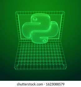 Python code language sign with notebook laptop device. Programming coding and developing concept. Wireframe low poly mesh vector illustration