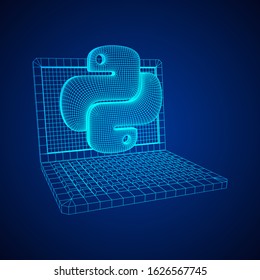 Python code language sign with notebook laptop device. Programming coding and developing concept. Wireframe low poly mesh vector illustration