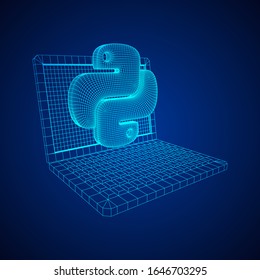 Python code language sign with notebook laptop device. Programming coding and developing concept. Wireframe low poly mesh vector illustration