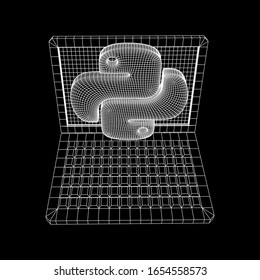 Python code language sign with notebook laptop device. Programming coding and developing concept. Wireframe low poly mesh vector illustration