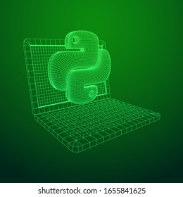 Python code language sign with notebook laptop device. Programming coding and developing concept. Wireframe low poly mesh vector illustration