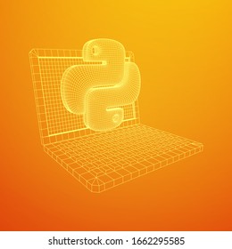 Python code language sign with notebook laptop device. Programming coding and developing concept. Wireframe low poly mesh vector illustration