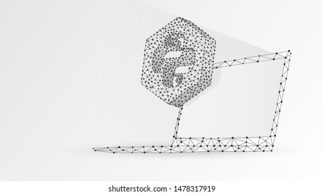 Python coding language sign on notebook screen. Device, programming, developing concept. Abstract, digital, wireframe, low poly mesh, vector white origami 3d illustration. Triangle, line dot