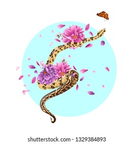 python with dahlia flowers and butterfly. Print for t-shir.